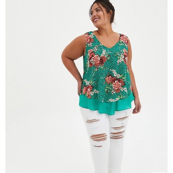 TORRID WOMEN'S GREEN FLORAL DOUBLE LAYER CHIFFON TANK SIZE 5X NWT - Picture 2 of 5
